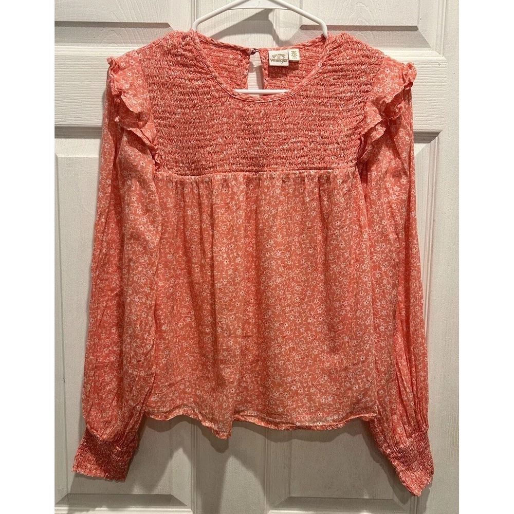 Billabong x Wrangler Floral Smocked Long Sleeve Blouse Coral Pink Large Cottage